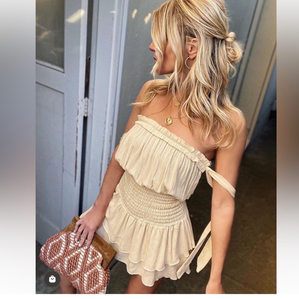 Vici Smocked Off-Shoulder Cream Ruffled Romper